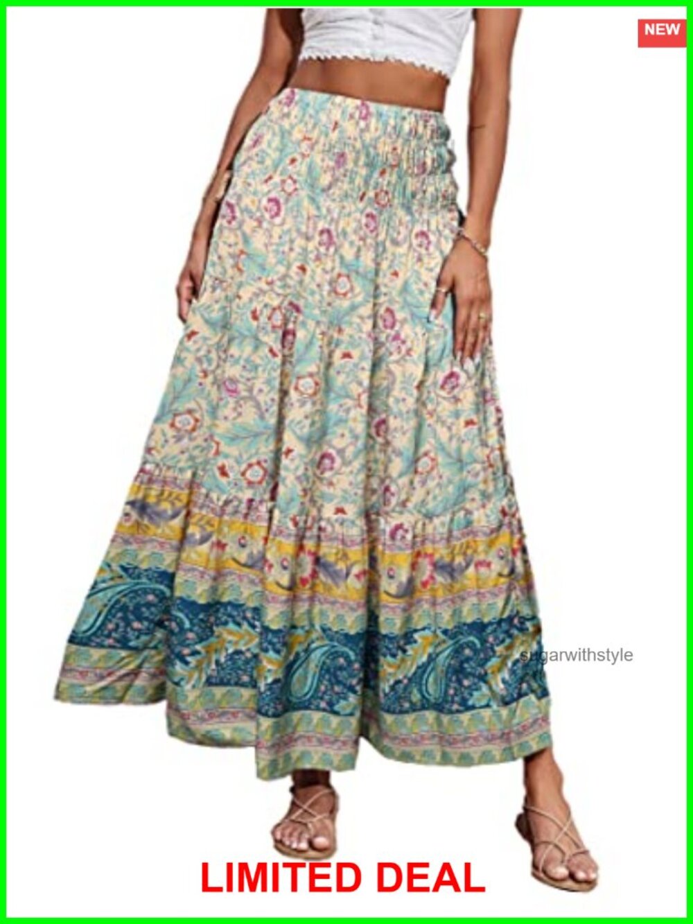Boho Floral Maxi Skirt A-Line Rayon Ruffle Hem High Waist Summer